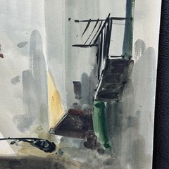 Vintage Signed Mid Century Modernist Street Scene Art Watercolor Wood 14 X 20