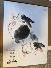 世骏 Signed Original Chinese Ink Painting on Paper Rabbits Large Unframed