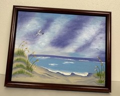 VTG Original Painting On Canvas Beach Scene Coastal Cottage Art Framed 15×12”