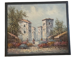 L. FROST Impressionist Oil On Board Painting Flower Market Village Signed