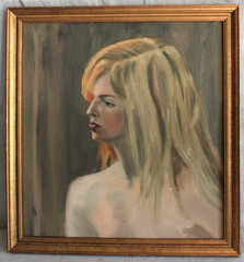 ORIG VINTAGE OIL PAINTING PORTRAIT BEAUTIFUL BLOND WOMAN GIRL FRAMED FOLK ART