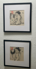 Pair of Original Framed Sumi-e Black Ink Wash Female Paintings on Paper Red Seal