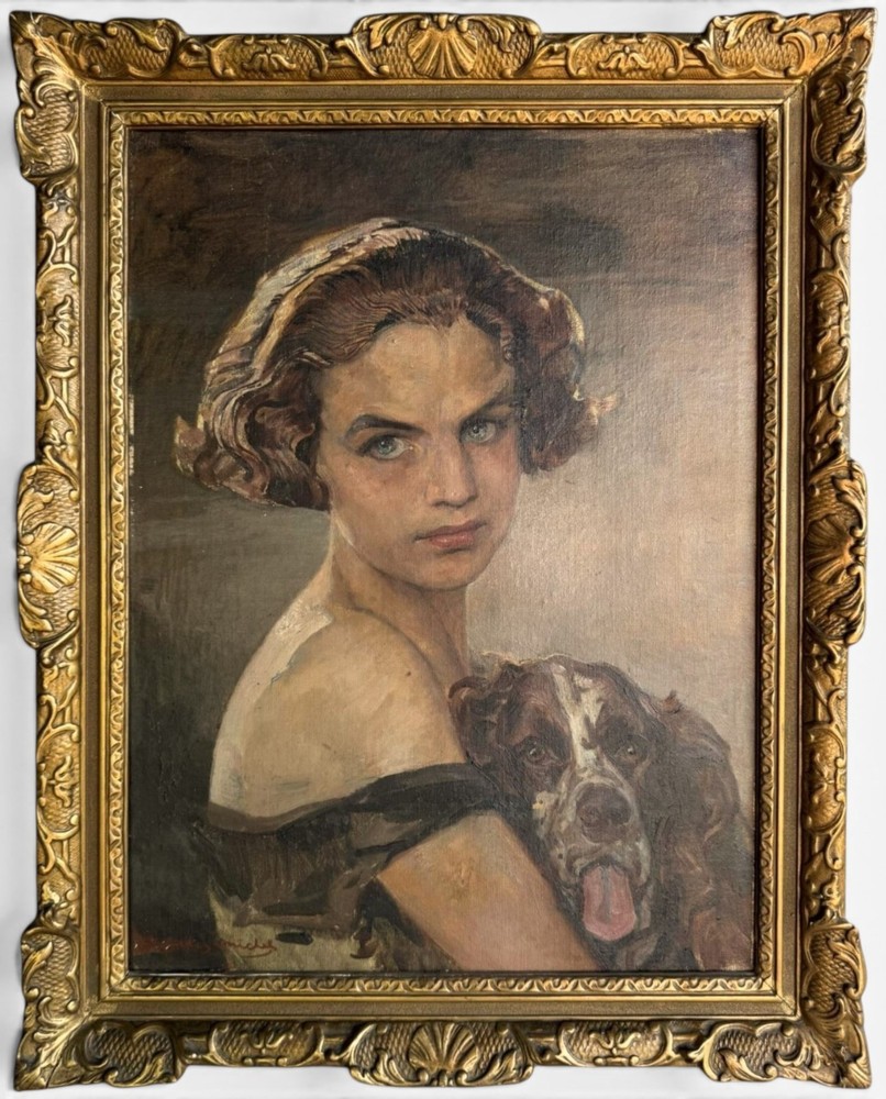 Antique Belgian Portrait Painting Girl With Dog by Charles Michel (1874-1967)