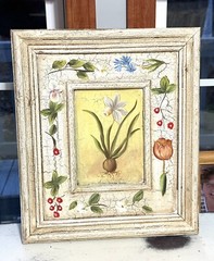 Flower Crackle Look Picture Built In Frame 13×15 Painted Cream, Green, Blue Red