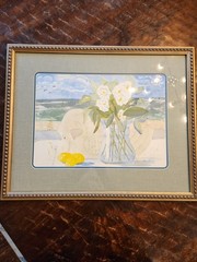 ORIGINAL Watercolor Painting Coastal with flowers Unsigned, High Quality Framing