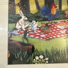 Vintage Japanese TAKASHIMAYA NEW YORK FRAME ANIMAL PICNIC Art Work 18inx21in