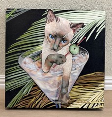 Original Oil Painting MARTINI SIAMESE PARTY CAT Palm Tree by Jane Billman