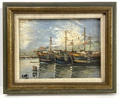 Vtg Original Signed Oil Painting Fishing Boat Harbor Port Seascape ￼Framed Small