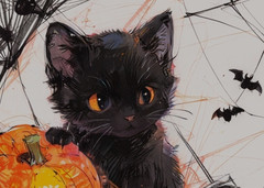 ACEO Mini *Art Print* Black Cat Baby Kitten Halloween Bats Spider Web – Saulite
