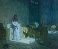 Ｏｉｌ　ｐａｉｎｔｉｎｇ Daniel in the Lions’ Den LACMA figures with wild animals on canvas