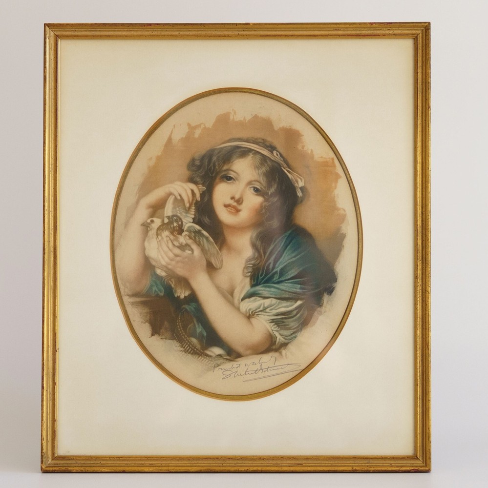 Samuel Arlent Edwards «Sympathy» Girl with Doves Framed Antique Mezzotint