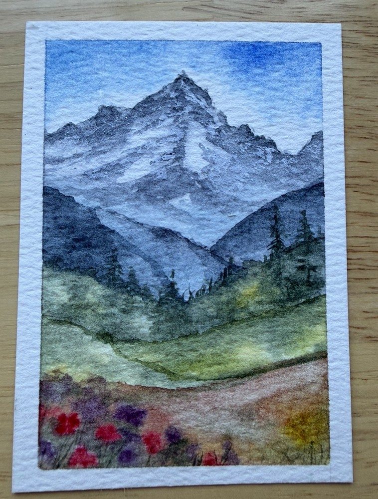 ACEO Original Art Card Watercolor Painting Mountain landscape abstract 2.5 x 3.5