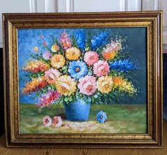 VTG Red, Blue, Yellow Roses Bouquet Oil Canvas Painting signed BROWN, 23.5*19.5″