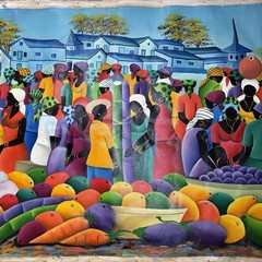 VTG Haitian Folk Art Naïve Style Market Scene Oil/Acrylic Painting Canvas Signed