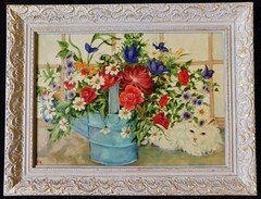 LRG IMPRESSIONIST 1970’s CAT & FLORAL Oil Painting BRIGHT LIVELY FRAMED – Signed