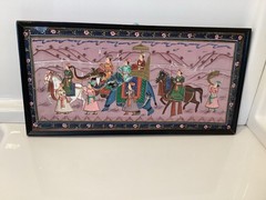Vintage Indian Mughal Painting «Procession With Elephant Scene» – Framed Silk