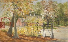 Impressionist Late Summer Landscape with House Farm Red Garden Gate Trees 1956