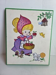 Vntg Art Cartoon Girl Bunny & Birds Tabby Cute Girls Room Nursery Acrylic Wood
