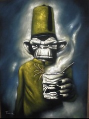 Special Price Monkey Fez Tiki Hawaiian black velvet oil painting Art