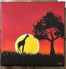 Giraffe Sunset Savanna Africa Impressionist Art Acrylic 8×8” Canvas VLP Original