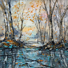 Original Oil Painting 6×6 in Framed Signed Autumn Day Impasto Art