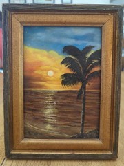 Vintage Framed Mexican Sunset Oil Painting Palm Tree Beach Framed 5″x7″ Signed