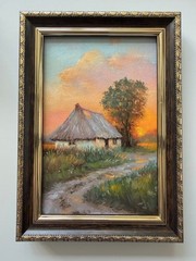 Original Oil Painting Framed 4x6in Rural Landscape House in the Village Signed
