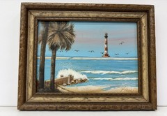 Vintage 1983 Morris Island SC Lighthouse Painting Signed Horres Framed 8.5″