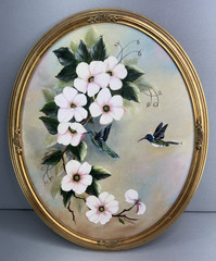 VTG K Lowery Hummingbird Floral Framed Wall Art Oval Picture 21″ Cottagecore