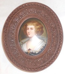 Antique Hand Painted Miniature on Porcelain of Woman Wearing Pearl Necklace