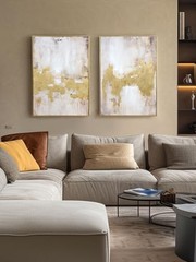 2 Piece Gold and Neutral Abstract 20″ x 28″ x 2 Panels Framed Gold Diptych 4