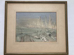New York Harbor Painting WILLIAM BOWER DALTON 1944 Watercolor Skyline WWII Ships