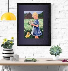 Original Rustic Barn Country Blue Dress Girl Kitten Acrylic 12×16” Canvas Panel