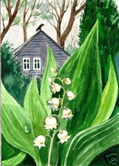ACEO RAVEN CROW RYTA PRINT OF PAINTING FLOWER LILY OF THE VALLEY LANDSCAPE ART