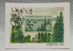 Postal Whimsy OOAK ACEO Minnesota Statehood 3¢ Stamp Watercolor & Ink Forest