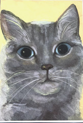 ACEO Original Digital Painting 2.5in x 3.5in Expressive Blue Eyed Cat Portrait