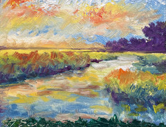 Vibrant Impressionist Landscape Oil Painting Golden Marsh Dramatic Sky Sembereck
