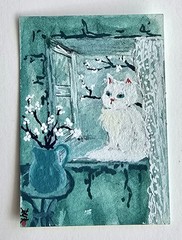 Original ACEO White Cat Green Window Flowers Whimsical Maria Rico»LUNA»