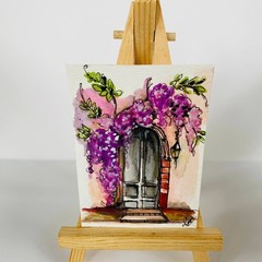 Original Watercolor Painting Purple Wisteria Door Floral Garden ACEO Nature OOAK