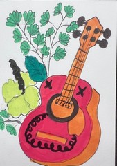 ACEO Art Card, Multi Color Guitar, Acrylic Marker, Cardstock Paper