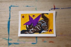 ACEO original brown cat art yellow purple stars illustration «Big Stretch»