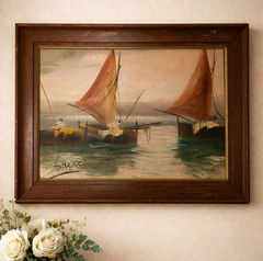 Vintage Italian Oil Painting Sailboats/Fishing Boats Signed Mid 20th C