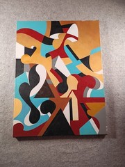 Original Vintage Modern Geometric 80s 90s Acrylic Painting on Canvas 18×24″