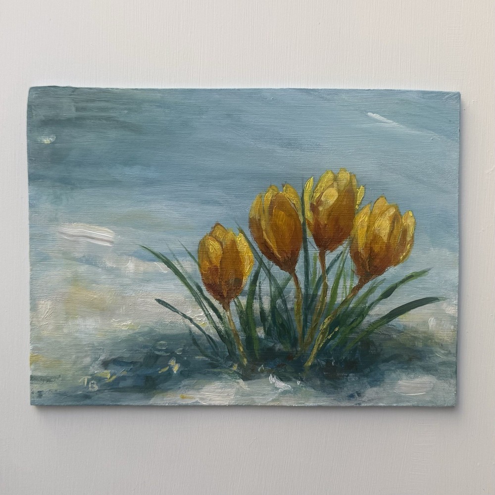Crocuses in Snow Spring Blooms Original Crocus Painting, 6×8 inch hardboard