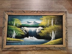 Vintage Chuy Moran Black Velvet Art Paint Mountain Tree Waterfall Carved Frame