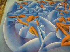 Orig Art Large Blue Haitian MARKET Painting Surrealist OLIBRICE Casimir style
