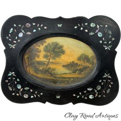 antique victorian papier mâché tray inlaid landscape painting 1880 desk folio