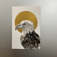 Original Eagle Sunset Painting realism Miniature Bird Art Sumi-e Ink Gold USA