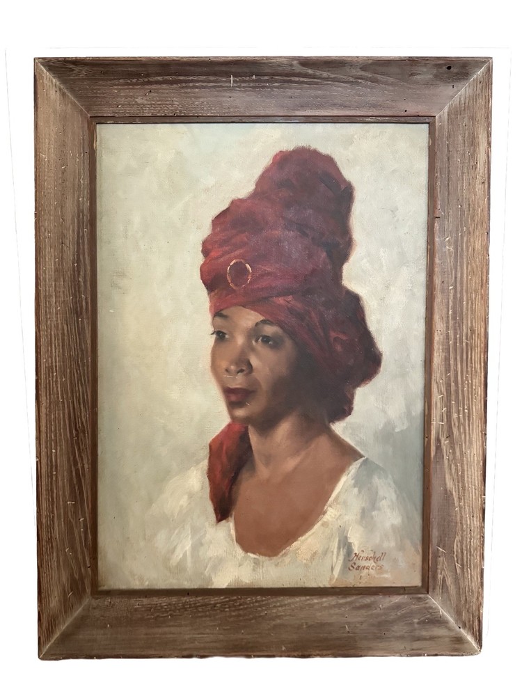 Herschell Sanders Oil Painting – Woman in Red Turban – Framed 1900-1950