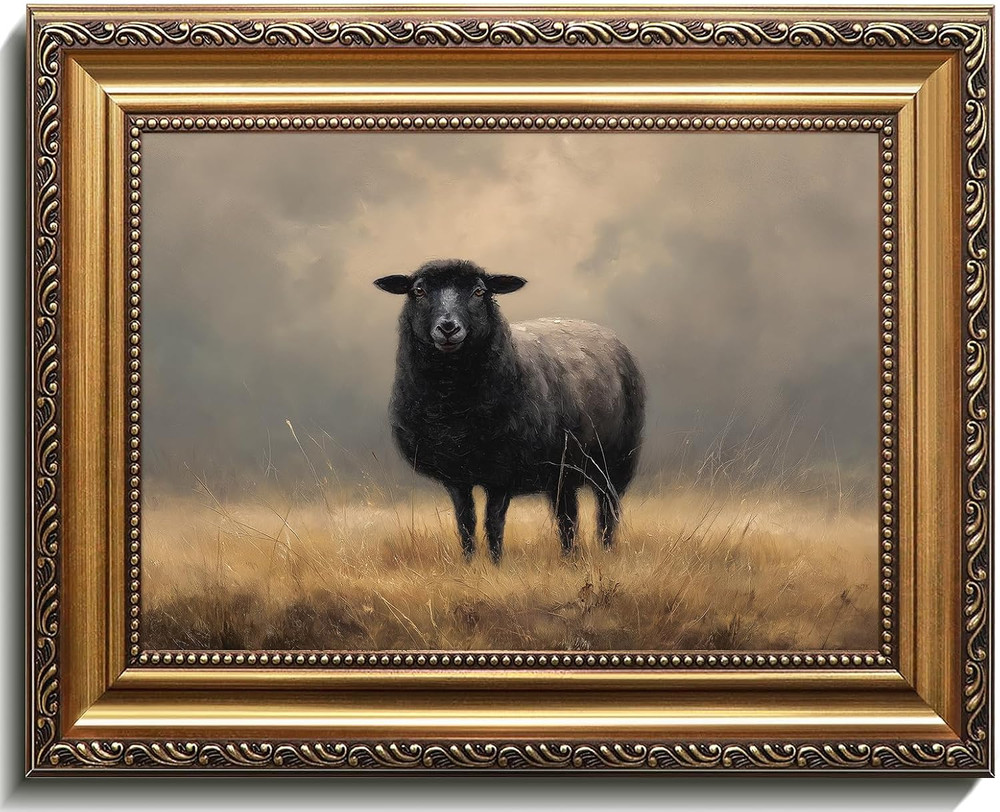 Vintage Gold Framed Wall Art, Black Sheep Canvas Oil Painting, Neutral Farmhouse